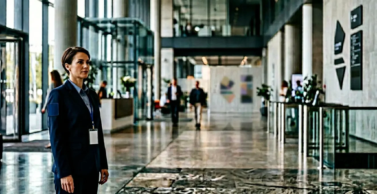 Agent de sécurité professionnel en uniforme surveillant un site commercial moderne