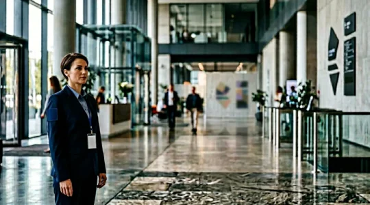 Agent de sécurité professionnel en uniforme surveillant un site commercial moderne