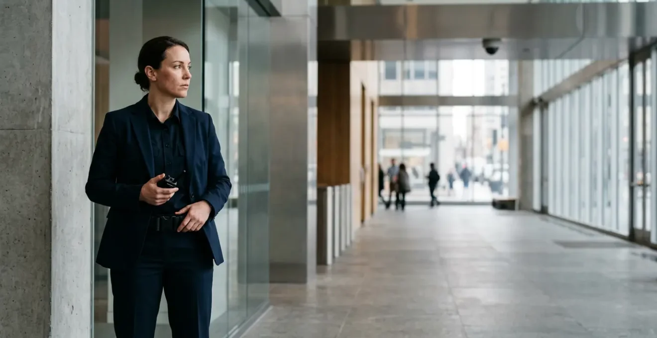 Professionnel de la sécurité en équipement de surveillance effectuant une ronde dans un environnement professionnel moderne