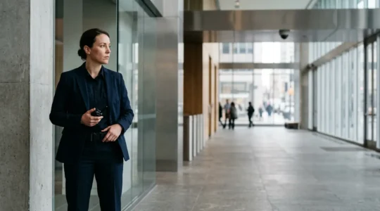 Professionnel de la sécurité en équipement de surveillance effectuant une ronde dans un environnement professionnel moderne