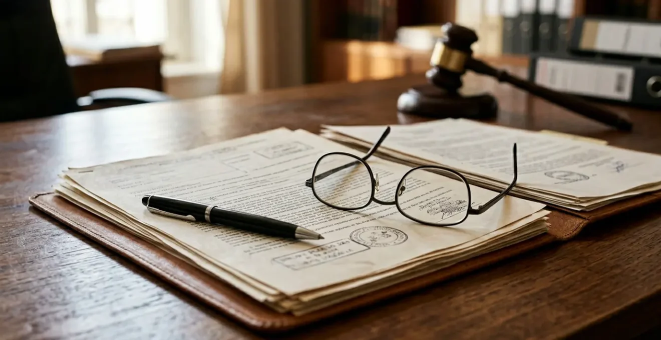 Professionnel du droit consultant un dossier juridique sur une table de travail avec documents officiels