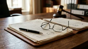 Professionnel du droit consultant un dossier juridique sur une table de travail avec documents officiels