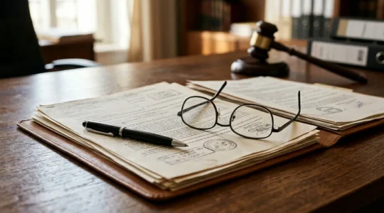 Professionnel du droit consultant un dossier juridique sur une table de travail avec documents officiels