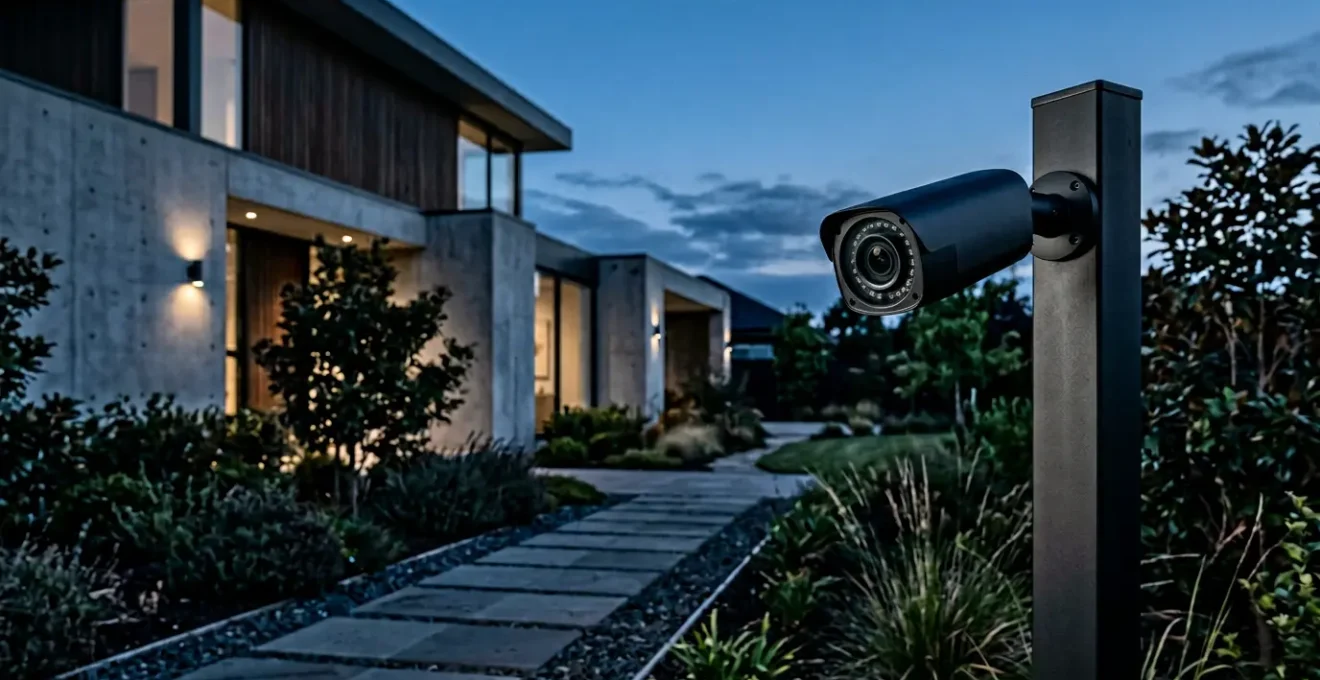 Caméra de surveillance professionnelle avec vision nocturne scrutant un périmètre extérieur dans l'obscurité