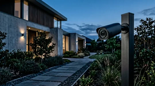 Caméra de surveillance professionnelle avec vision nocturne scrutant un périmètre extérieur dans l'obscurité