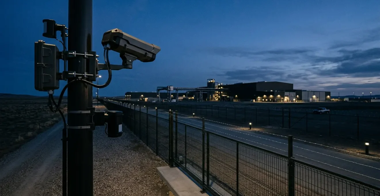 Caméra thermique de surveillance périmétrique montée sur infrastructure industrielle pour détection d'intrusion nocturne