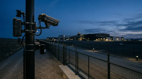 Caméra thermique de surveillance périmétrique montée sur infrastructure industrielle pour détection d'intrusion nocturne