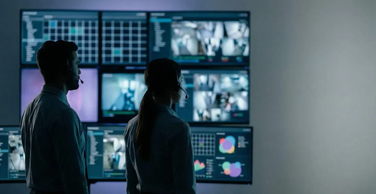 Centre de télésurveillance professionnel avec opérateurs analysant les alertes de sécurité en temps réel