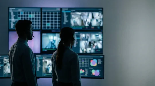 Centre de télésurveillance professionnel avec opérateurs analysant les alertes de sécurité en temps réel