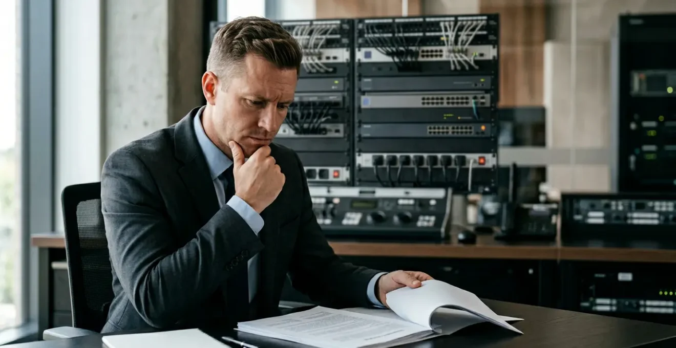 Professionnel de la sécurité analysant un document contractuel avec équipement de surveillance en arrière-plan