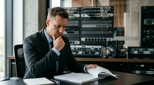 Professionnel de la sécurité analysant un document contractuel avec équipement de surveillance en arrière-plan