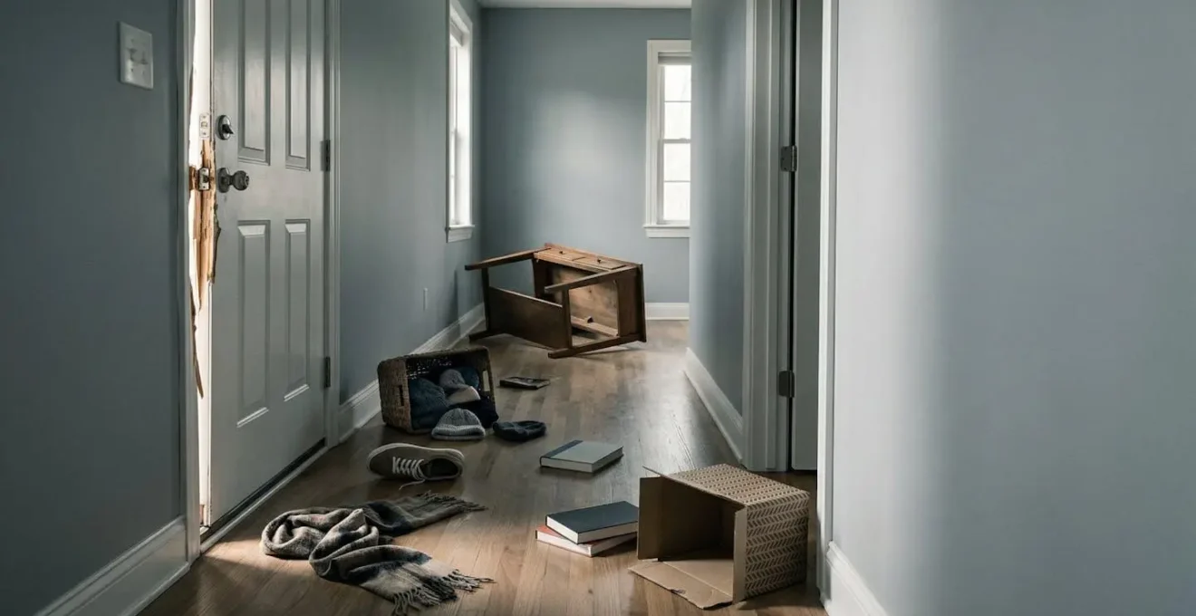 Scène réaliste d'un intérieur après effraction montrant les dégâts matériels suite à un cambriolage