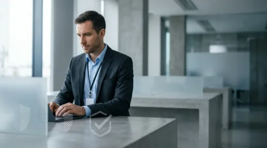 Expert en sécurité informatique évaluant des systèmes dans un environnement professionnel sécurisé
