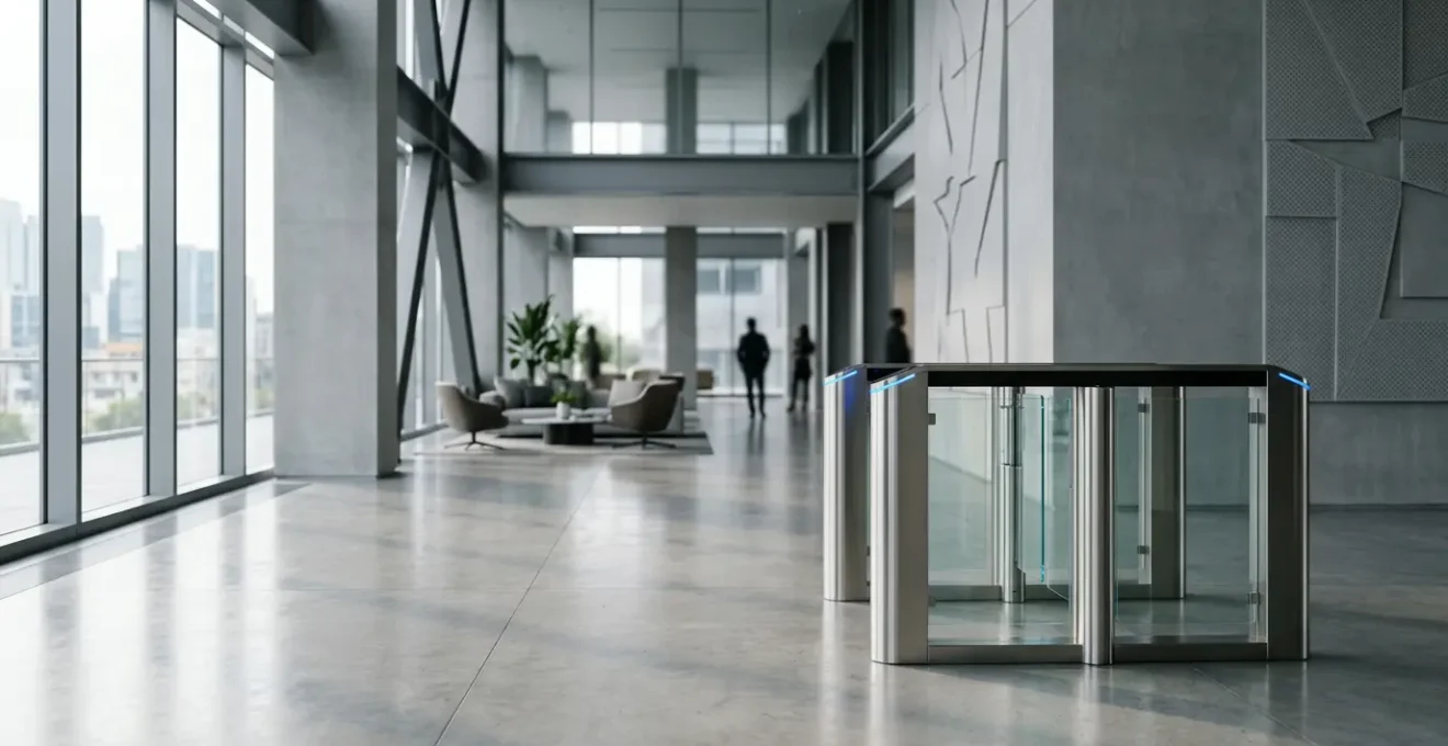 Système de contrôle d'accès physique avec barrière automatique et lecteur de badge dans un environnement professionnel sécurisé