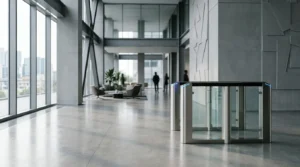 Système de contrôle d'accès physique avec barrière automatique et lecteur de badge dans un environnement professionnel sécurisé