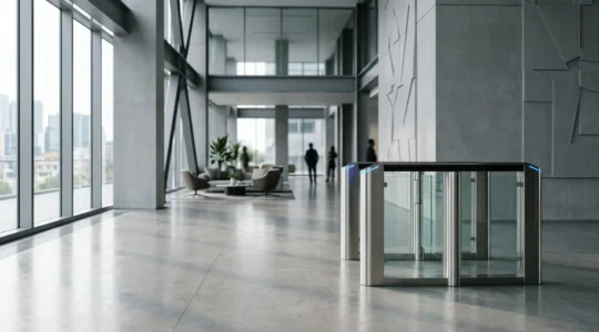 Système de contrôle d'accès physique avec barrière automatique et lecteur de badge dans un environnement professionnel sécurisé