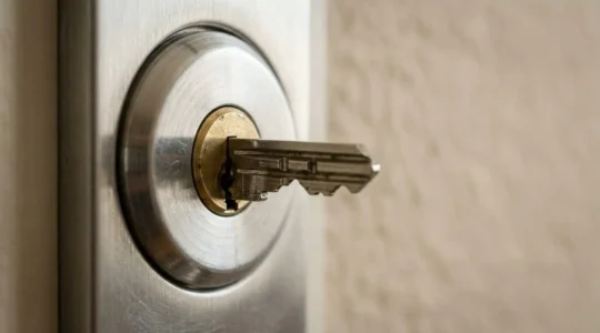 Porte d'entrée sécurisée avec serrure certifiée photographiée en gros plan révélant détails et mécanismes de protection contre le vol