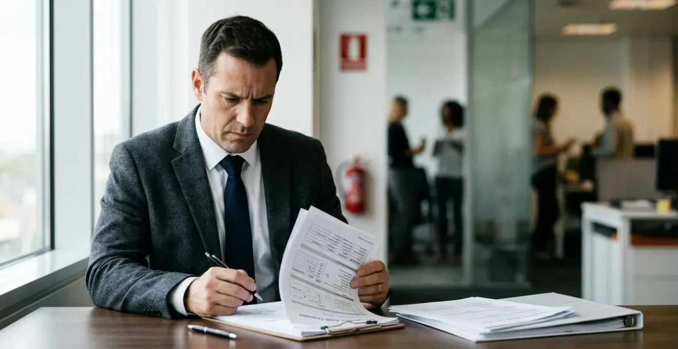 Professionnel examinant des documents de conformité sécurité dans un environnement professionnel