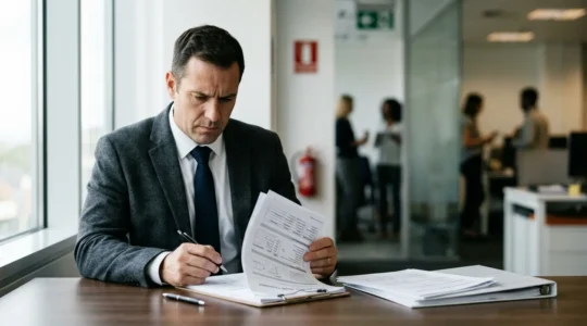 Professionnel examinant des documents de conformité sécurité dans un environnement professionnel