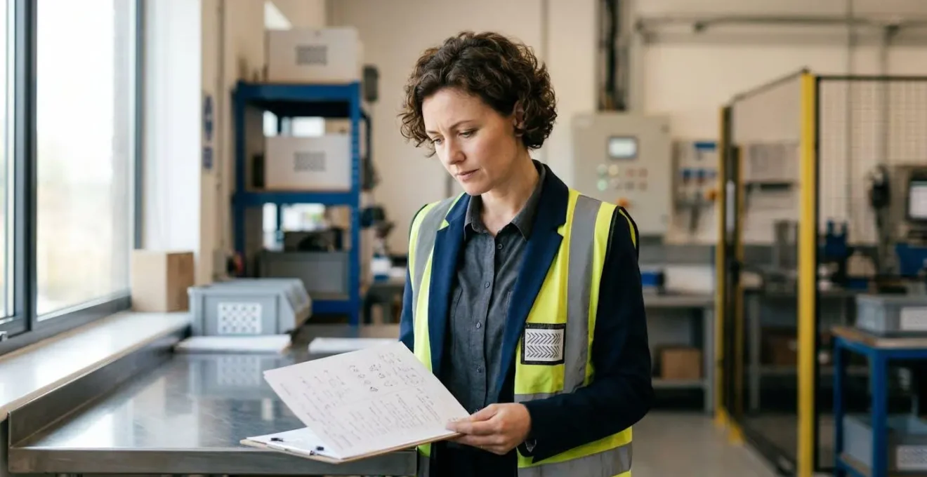 Professionnel en tenue de sécurité consultant des documents réglementaires dans un environnement industriel moderne, symbolisant la conformité aux obligations légales de sécurité incendie et sûreté