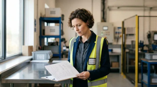Professionnel en tenue de sécurité consultant des documents réglementaires dans un environnement industriel moderne, symbolisant la conformité aux obligations légales de sécurité incendie et sûreté