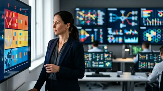 Professionnel cybersécurité analysant des priorités de correction post-audit dans un bureau moderne