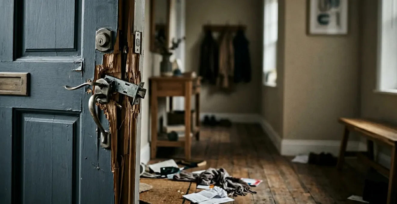Scène d'une porte d'entrée fracturée avec détails réalistes de l'effraction, montrant l'urgence d'agir après un cambriolage