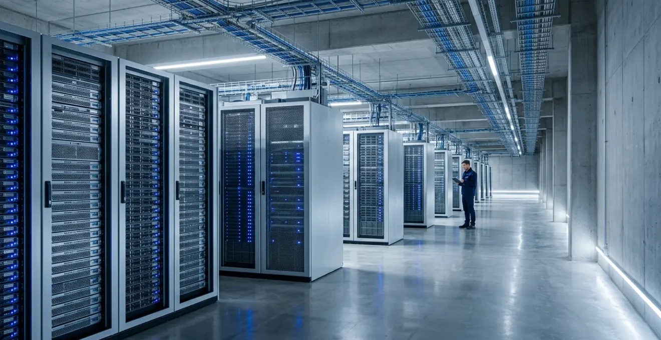 Vue panoramique d'un datacenter moderne avec serveurs sécurisés et infrastructure IT résiliente