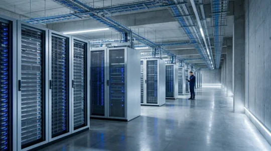 Vue panoramique d'un datacenter moderne avec serveurs sécurisés et infrastructure IT résiliente
