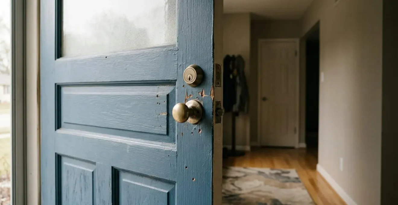 Scène de sécurisation d'une habitation après effraction avec traces visibles sur une porte d'entrée
