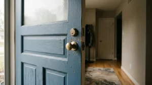 Scène de sécurisation d'une habitation après effraction avec traces visibles sur une porte d'entrée