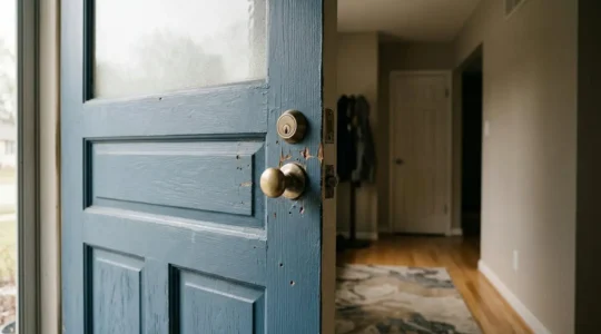 Scène de sécurisation d'une habitation après effraction avec traces visibles sur une porte d'entrée