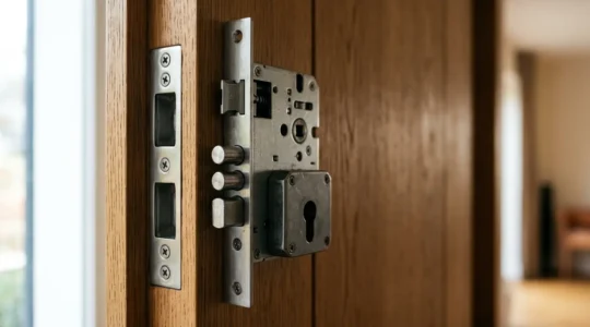 Serrure haute securite avec certification A2P installee sur porte d'entree moderne