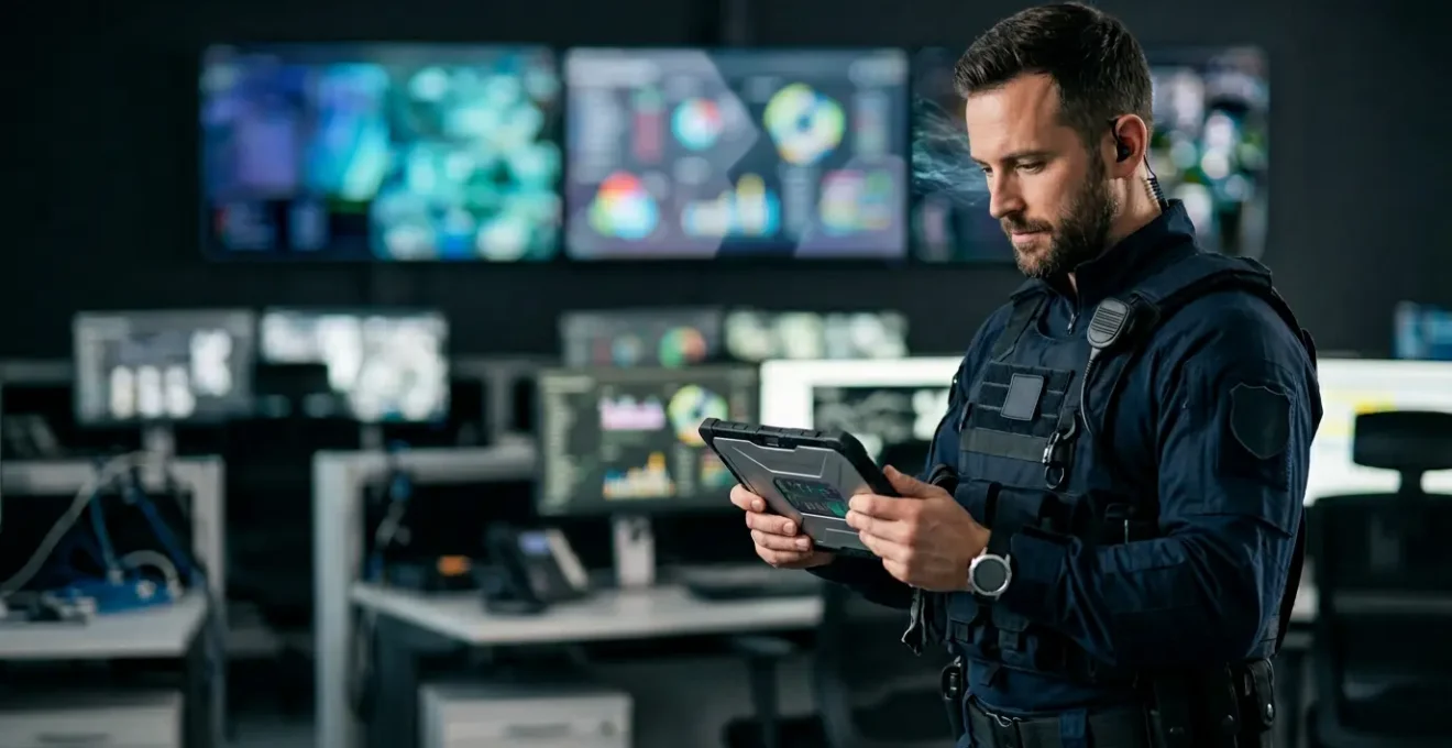 Agent de sécurité équipé de technologie moderne dans un environnement de surveillance professionnelle