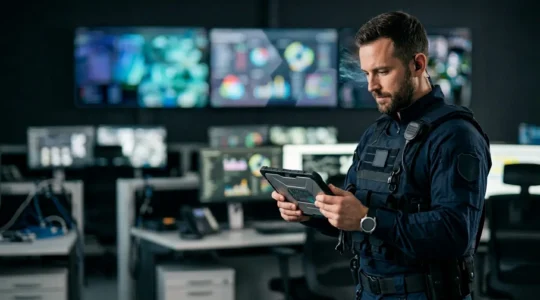 Agent de sécurité équipé de technologie moderne dans un environnement de surveillance professionnelle