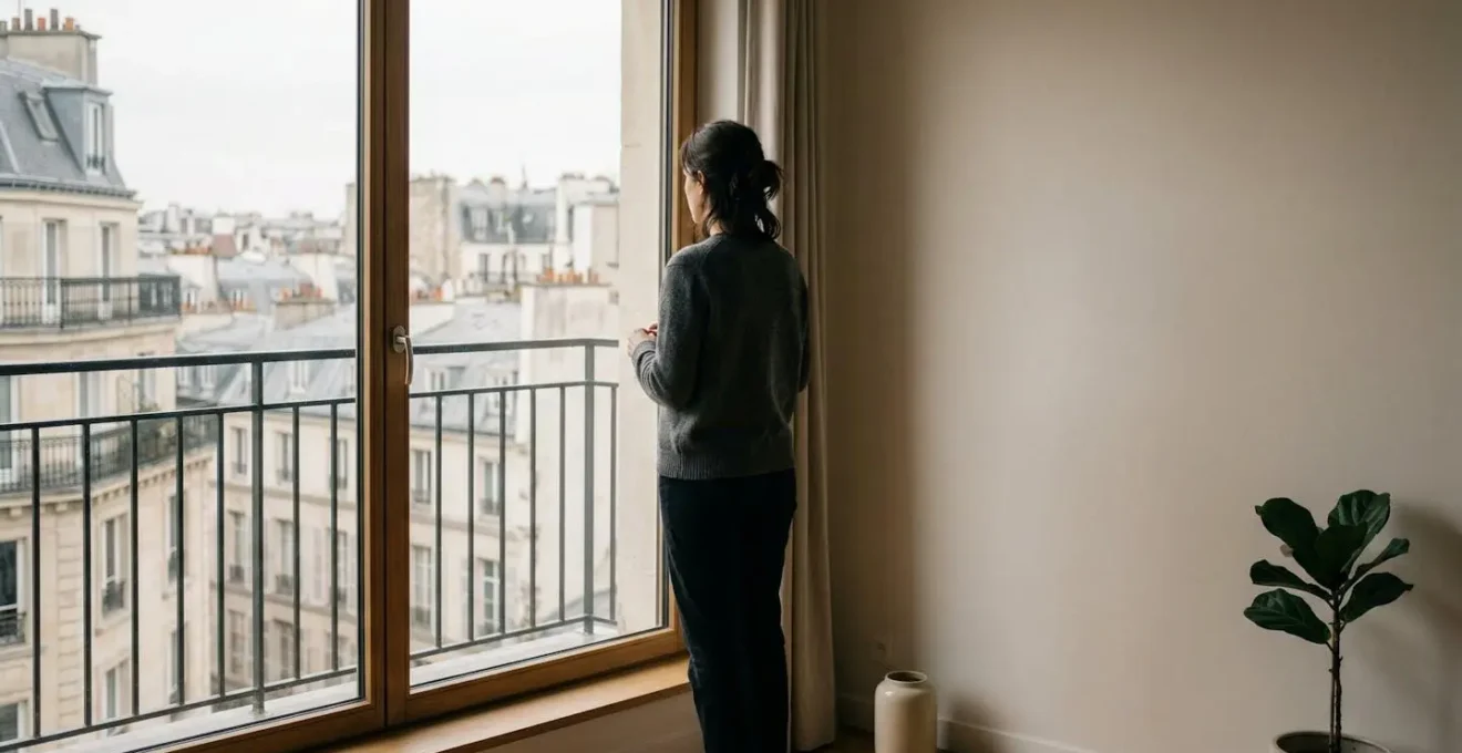 Une personne devant la fenetre de son domicile dans une atmosphere calme et contemplative symbolisant le retour a la serenite apres un traumatisme