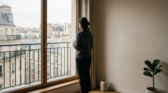 Une personne devant la fenetre de son domicile dans une atmosphere calme et contemplative symbolisant le retour a la serenite apres un traumatisme