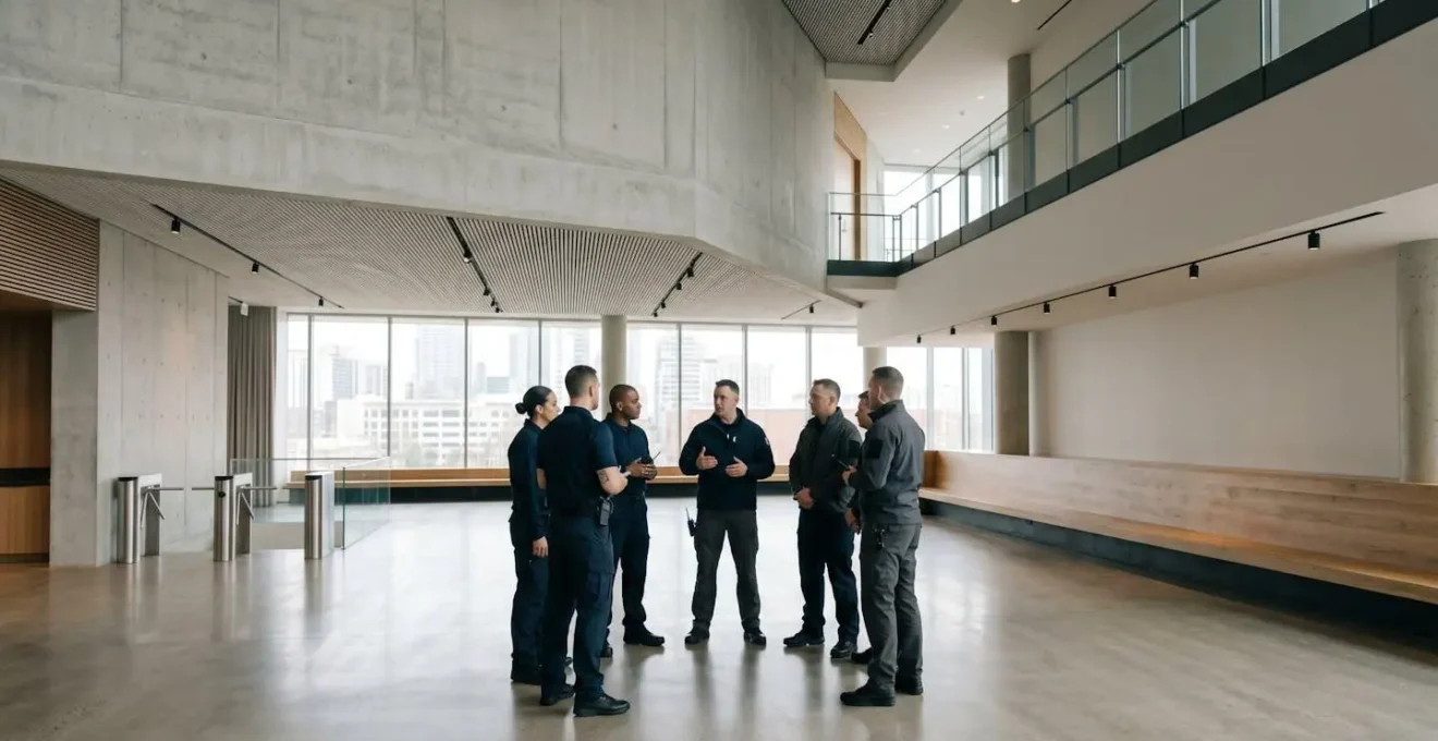 Équipe d'agents de sécurité temporaires en briefing avant un événement professionnel