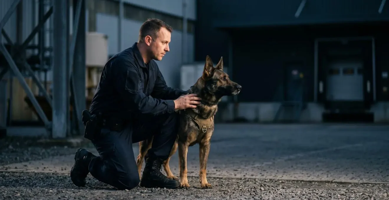 Binome agent cynophile et chien de securite en patrouille nocturne professionnelle
