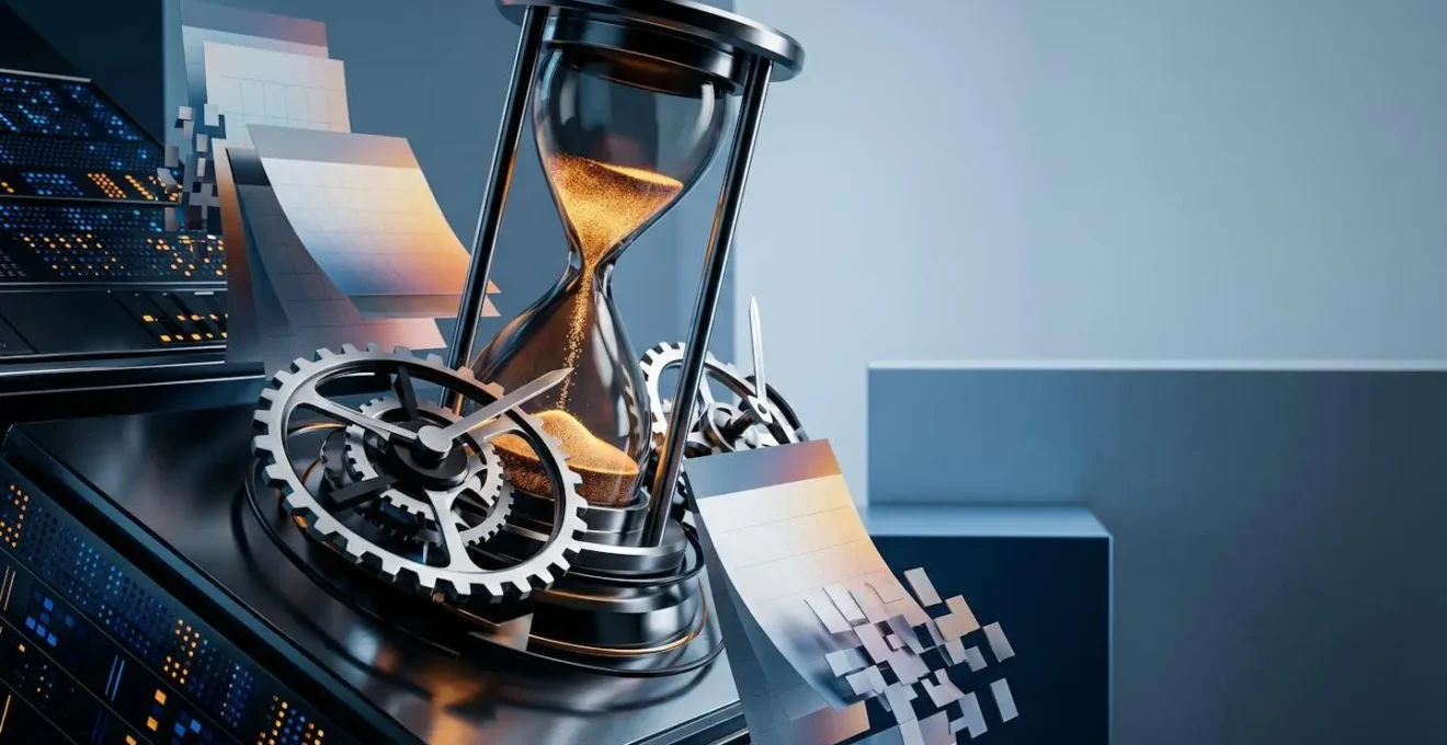 Représentation conceptuelle du temps et de la durée de conservation des données de sécurité, avec éléments symbolisant le passage du temps dans un environnement technologique épuré