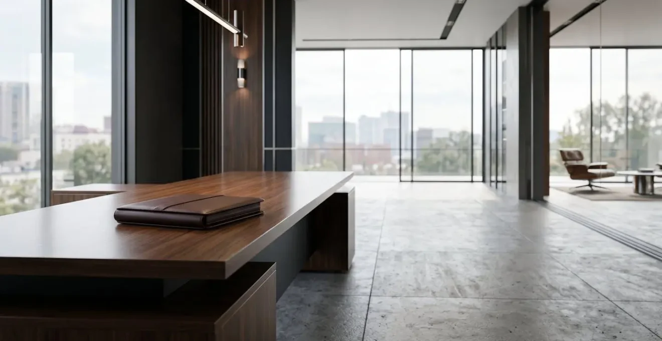 Bureau de direction minimaliste avec porte-documents et éléments de gouvernance d'entreprise