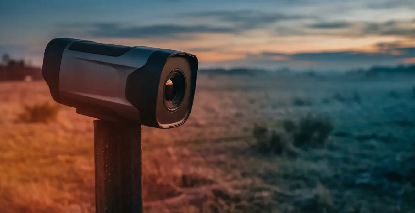 Représentation conceptuelle de la surveillance périmétrique par caméra thermique détectant une présence humaine à longue distance