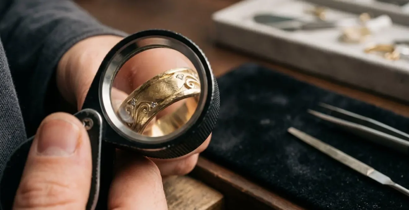 Analyse professionnelle de bijou par un expert en gemmologie sous éclairage précis