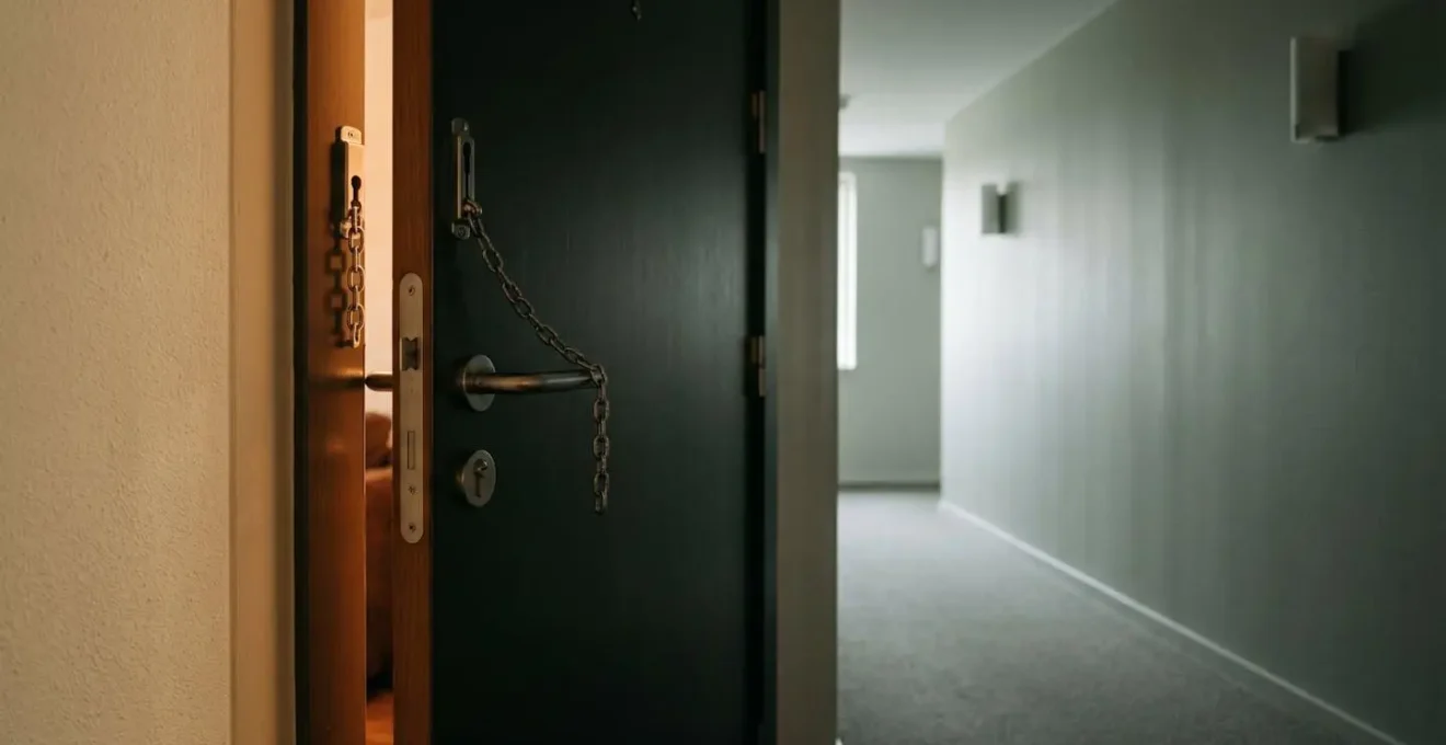 Porte d'appartement entrouverte capturée en contre-jour avec chaîne de sécurité visible symbolisant la vulnérabilité face au vol par ruse