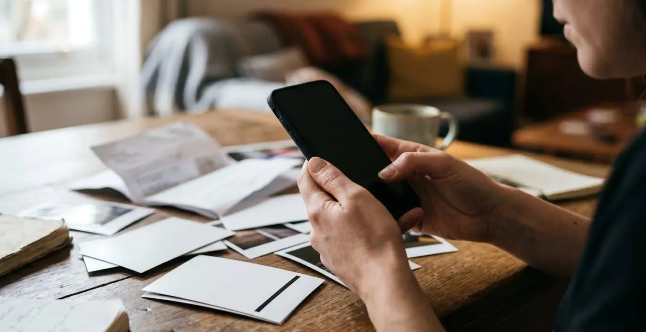 Smartphone montrant une galerie de photos d'objets personnels pour inventaire d'assurance