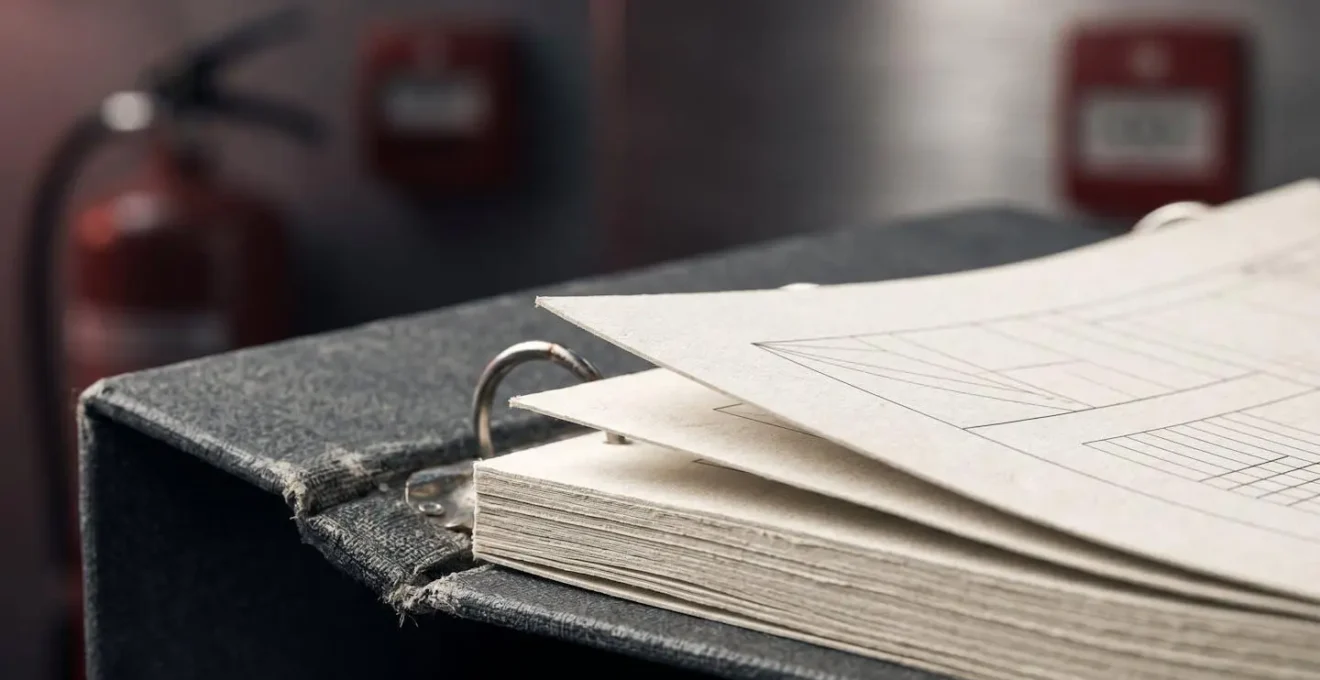 Registre de sécurité professionnel ouvert sur une table avec équipements de sécurité incendie en arrière-plan flou, représentant la traçabilité des contrôles obligatoires en ERP